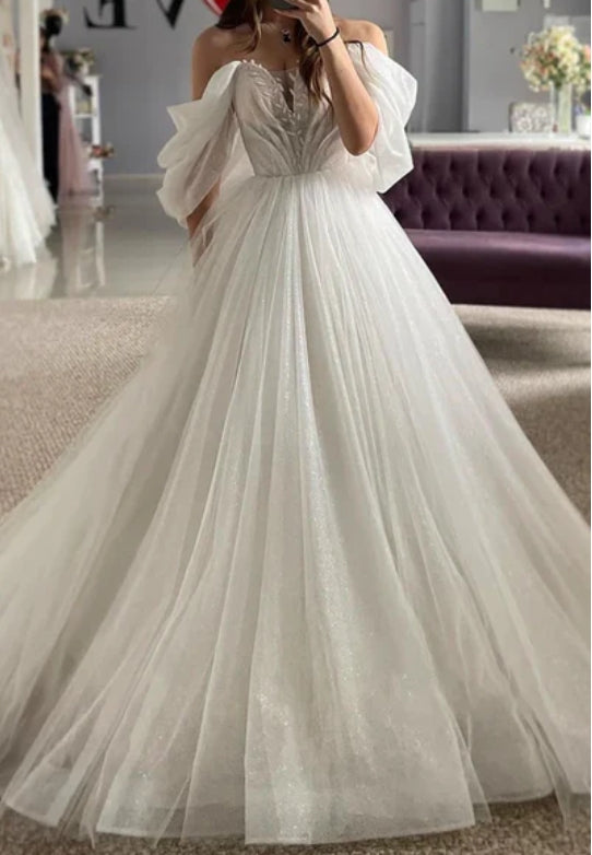 A-Line Off-Shoulder Appliques Glitter Sheer Tulle Wedding Dress