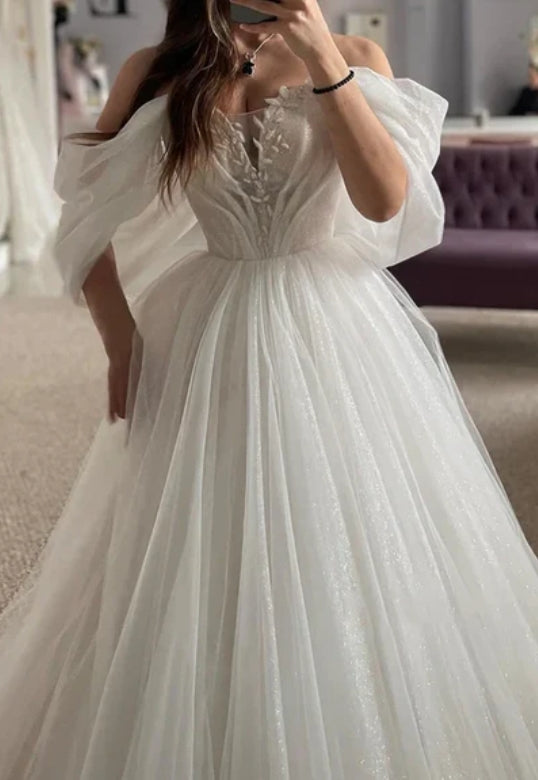 A-Line Off-Shoulder Appliques Glitter Sheer Tulle Wedding Dress