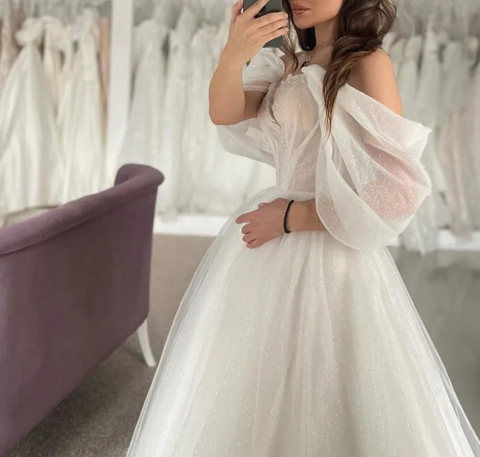 A-Line Off-Shoulder Appliques Glitter Sheer Tulle Wedding Dress