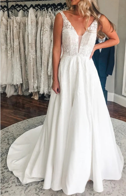 Neckline A-Line Satin Wedding Dress With Low-V Back And Appliques