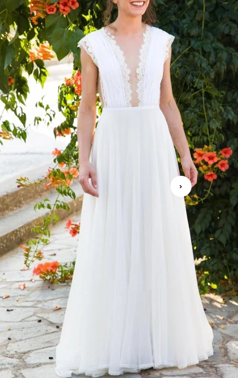 A-Line Plunging Neckline Chiffon Lace Wedding Dress With Open Back And Pleats