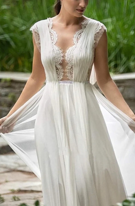 A-Line Plunging Neckline Chiffon Lace Wedding Dress With Open Back And Pleats