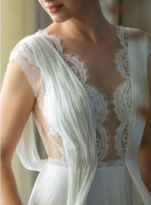 A-Line Plunging Neckline Chiffon Lace Wedding Dress With Open Back And Pleats