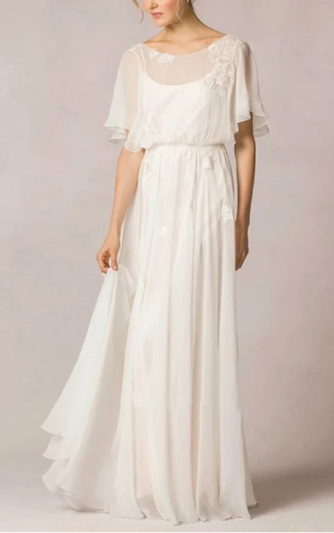 Scoop-Neck Floor-Length Poet-Sleeve Appliqued Chiffon Wedding Dress With Pleats