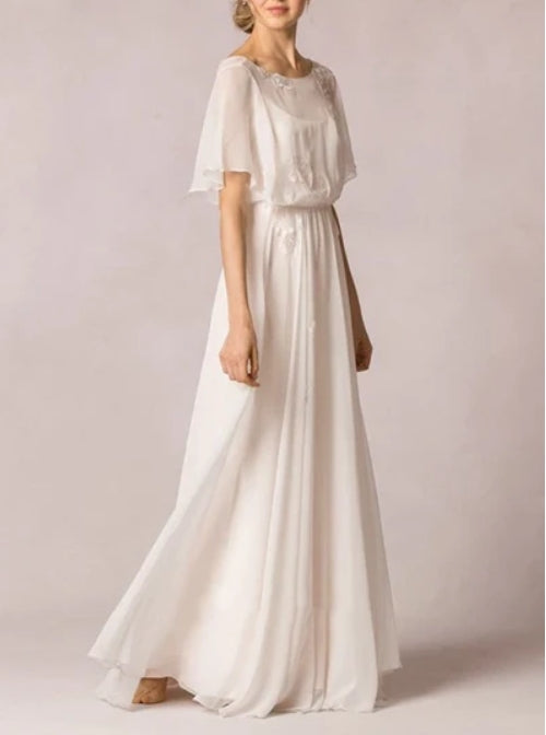 Scoop-Neck Floor-Length Poet-Sleeve Appliqued Chiffon Wedding Dress With Pleats