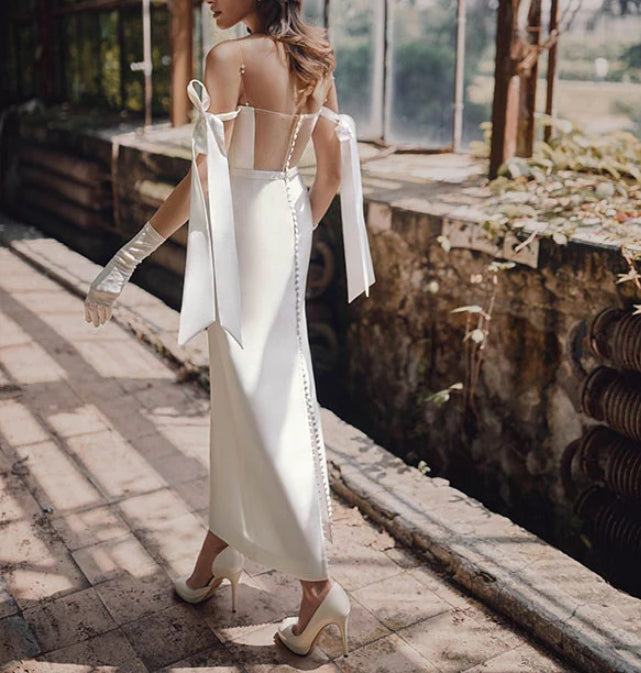 Off-The-Shoulder Ankle-Length Satin Wedding Dresses