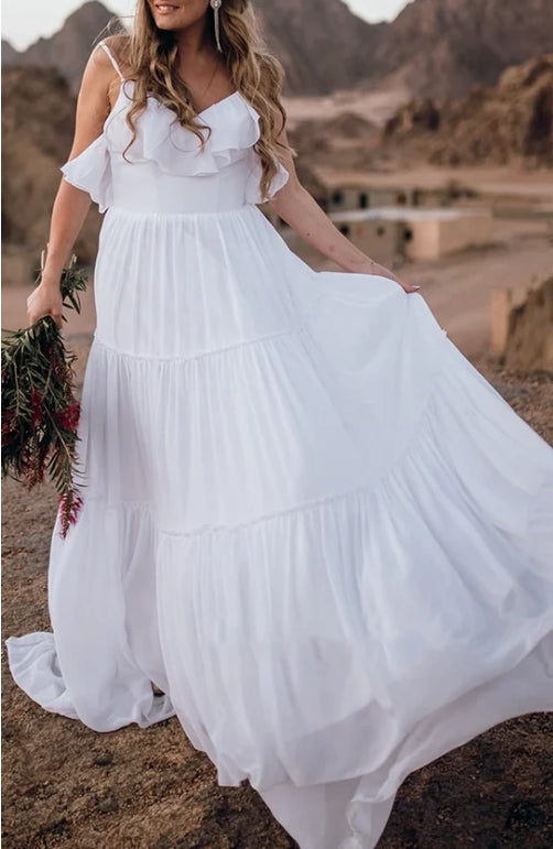 Chiffon Spaghetti A Line Sleeveless Wedding Dress with Ruffles and Open Back