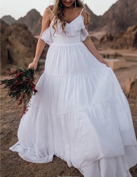 Chiffon Spaghetti A Line Sleeveless Wedding Dress with Ruffles and Open Back