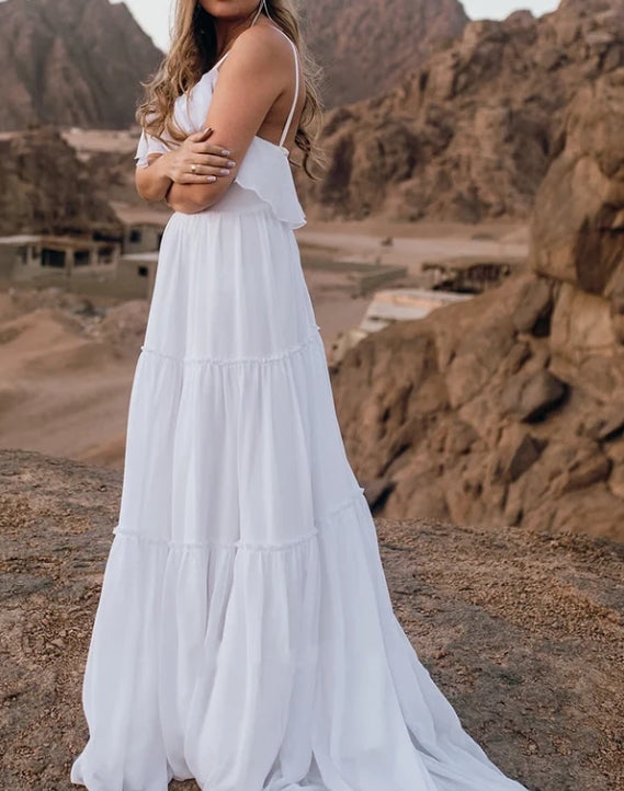 Chiffon Spaghetti A Line Sleeveless Wedding Dress with Ruffles and Open Back