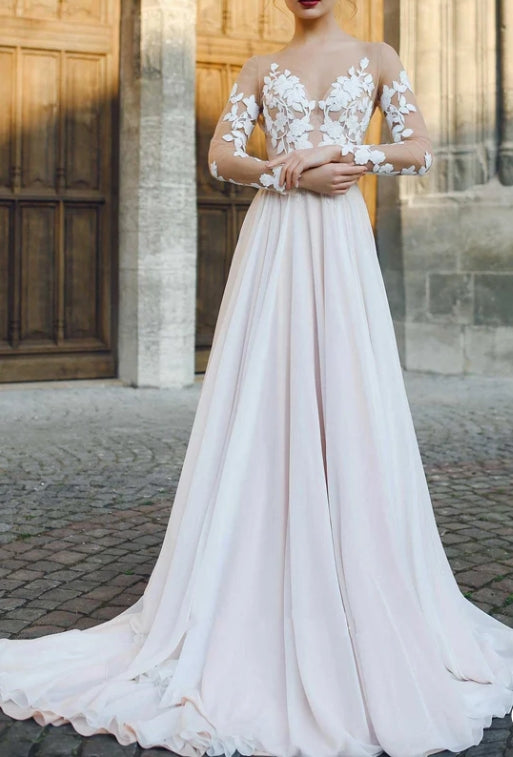 Long Sleeve Appliqued A-Line Chiffon Wedding Dress