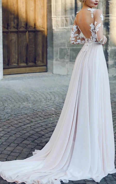 Long Sleeve Appliqued A-Line Chiffon Wedding Dress