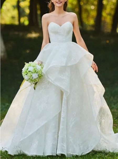 Lace Open Back Sweetheart Cascading Ruffles Sleeveless Bridal Ball Gown