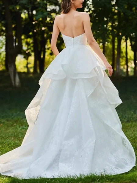 Lace Open Back Sweetheart Cascading Ruffles Sleeveless Bridal Ball Gown