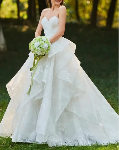 Lace Open Back Sweetheart Cascading Ruffles Sleeveless Bridal Ball Gown