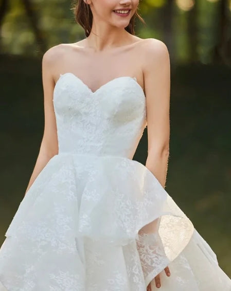 Lace Open Back Sweetheart Cascading Ruffles Sleeveless Bridal Ball Gown