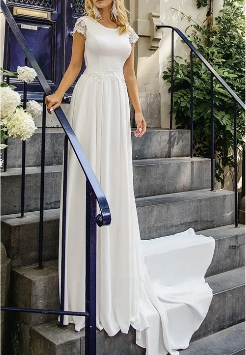 Elegant Satin and Lace Bateau A Line Court Train Wedding Dress with