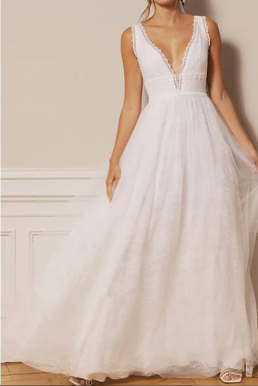 Lace Tulle Plunging Neckline A Line Floor-length Deep-V Back Wedding Dress