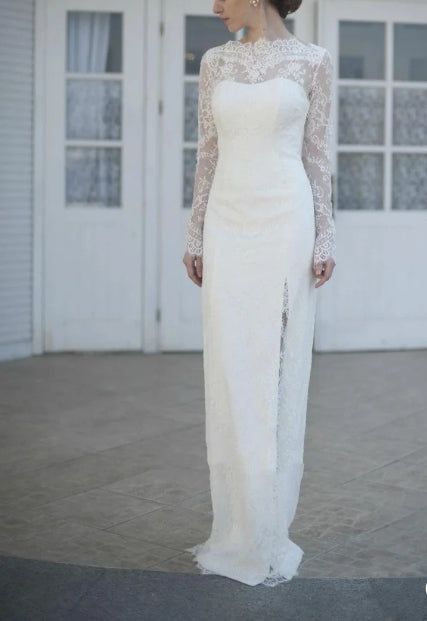 High-Neck Long Illusion Sleeve Mermaid Bridal Gown With Split Side