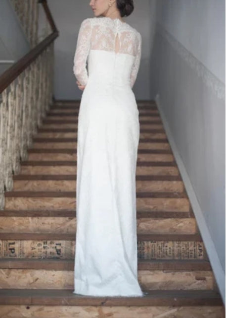 High-Neck Long Illusion Sleeve Mermaid Bridal Gown With Split Side