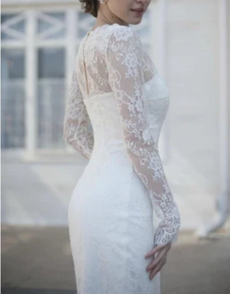 High-Neck Long Illusion Sleeve Mermaid Bridal Gown With Split Side