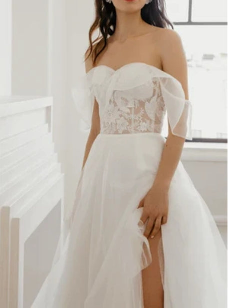 A Line Sweetheart Sweep Train Wedding Dress with Split Front
