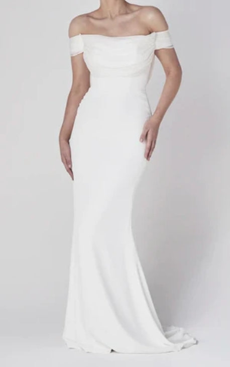 Off-the-shoulder Elegant Mermaid Satin Wedding Dress With Tiers And V-back