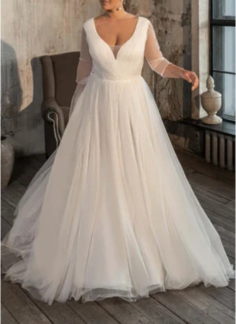 V-neck A Line Tulle Court Train Wedding Dress with Ruching