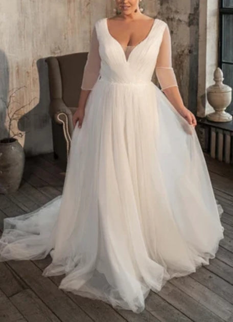 V-neck A Line Tulle Court Train Wedding Dress with Ruching