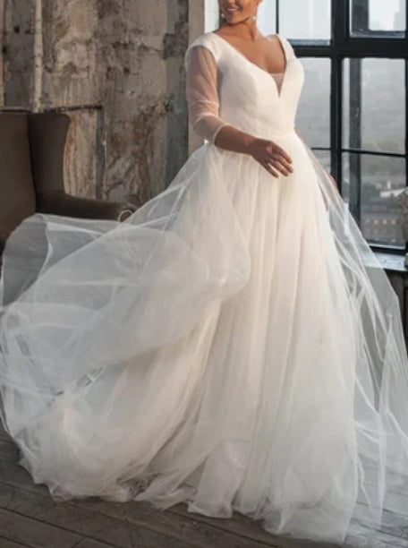V-neck A Line Tulle Court Train Wedding Dress with Ruching