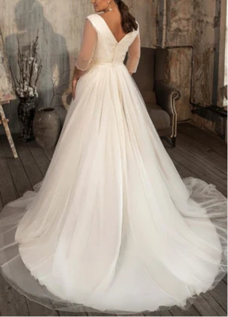 V-neck A Line Tulle Court Train Wedding Dress with Ruching