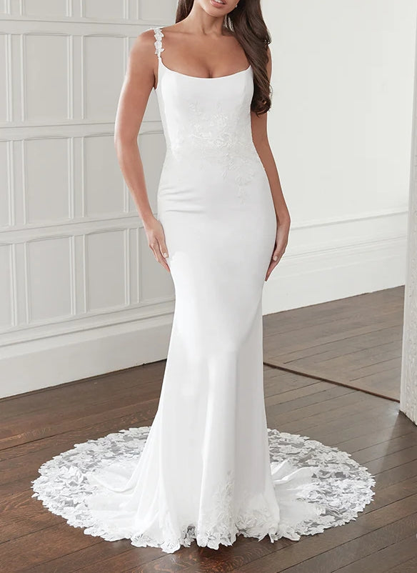 Trumpet Mermaid Square Neckline Lace Elastic Satin Wedding Dresses