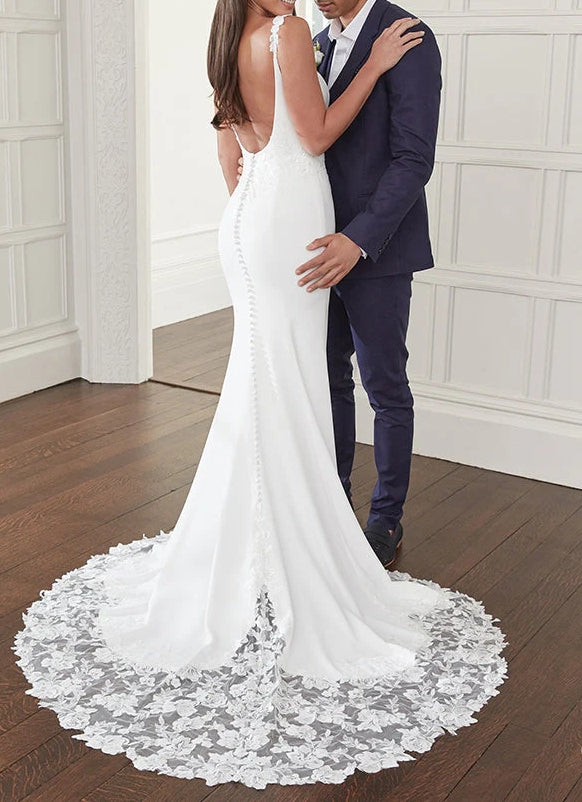 Trumpet Mermaid Square Neckline Lace Elastic Satin Wedding Dresses