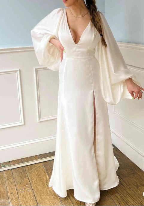 V-Neck Backless Ivory Wedding Dress with Sleeves