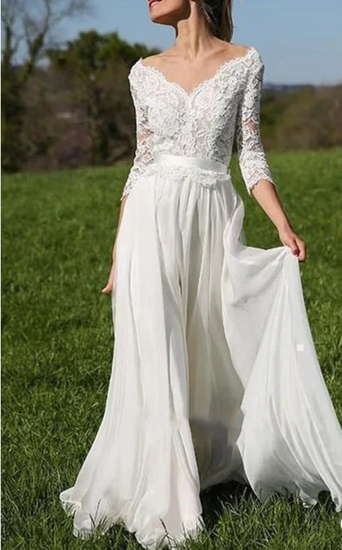 A Line V-neck Chiffon Lace Floor-length 3/4 Length Sleeve Wedding Dress