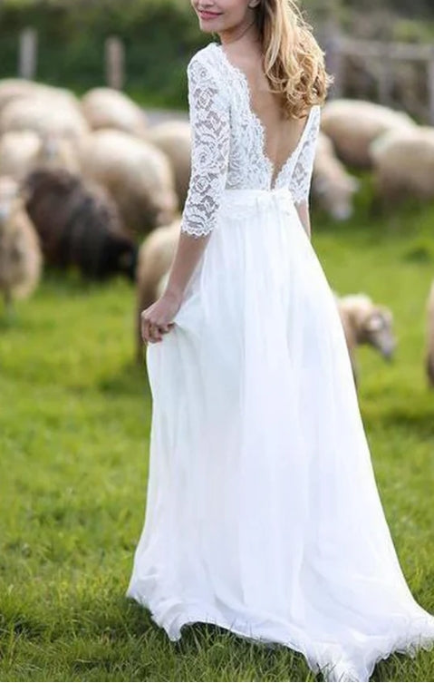 A Line V-neck Chiffon Lace Floor-length 3/4 Length Sleeve Wedding Dress