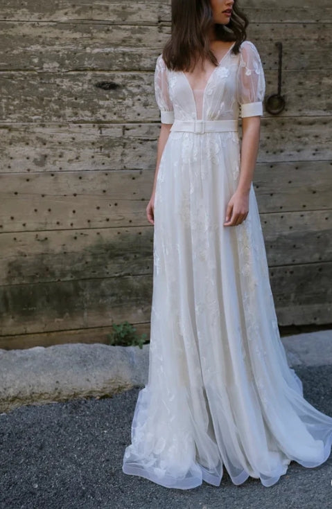 Ethereal Tulle Plunging Neck Half Sleeve Long Bridal Gown