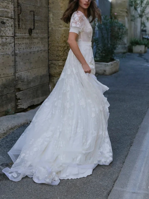 Ethereal Tulle Plunging Neck Half Sleeve Long Bridal Gown