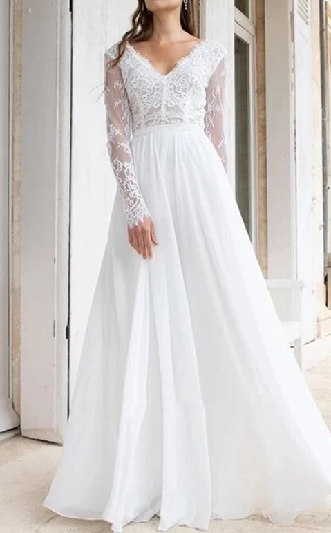 A Line Floor-length Chiffon Lace V-neck Long Sleeve Wedding Dress