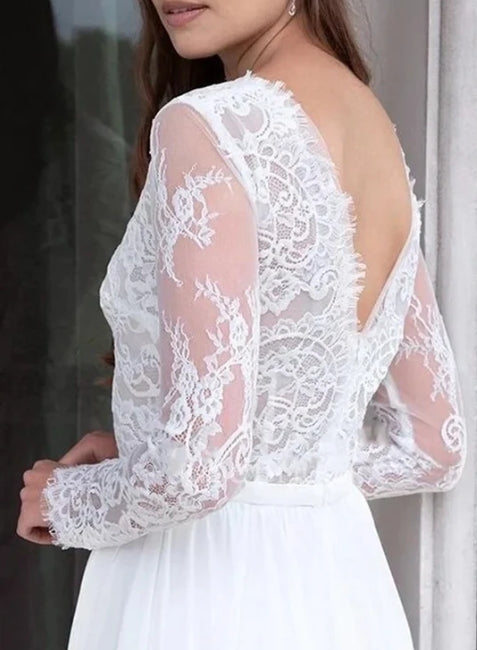 A Line Floor-length Chiffon Lace V-neck Long Sleeve Wedding Dress