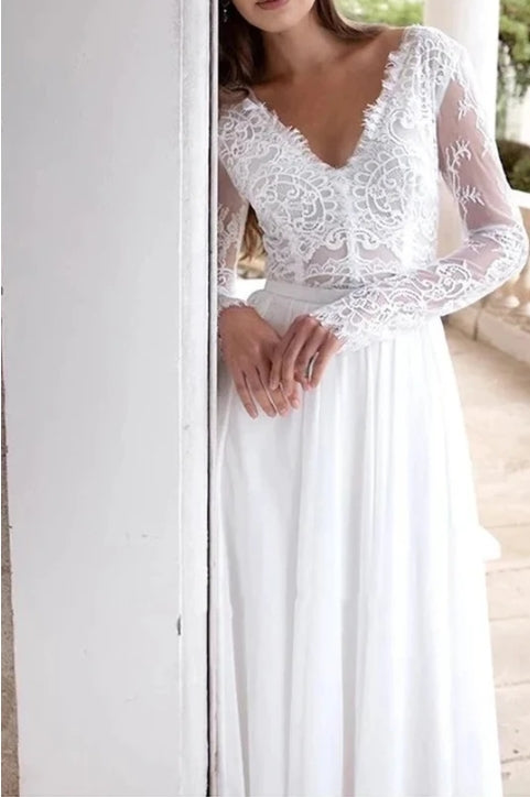 A Line Floor-length Chiffon Lace V-neck Long Sleeve Wedding Dress