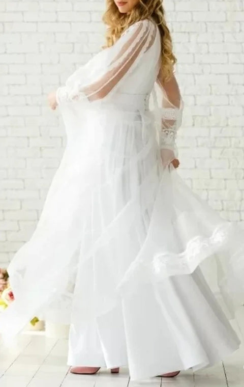 Floor-length Long Sleeve Chiffon A Line Zipper Wedding Dress with Ruching