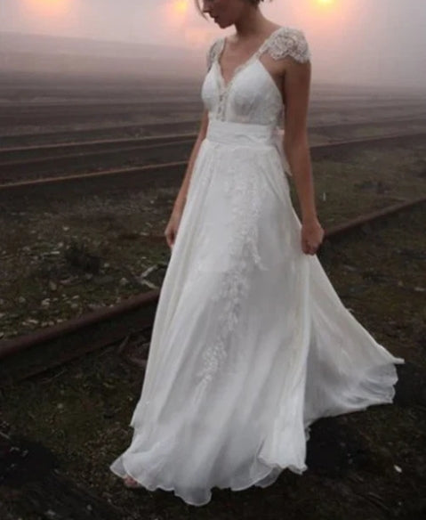 A-line Princess V-neck Floor-length Cap Sleeve Lace Chiffon Wedding Dresses