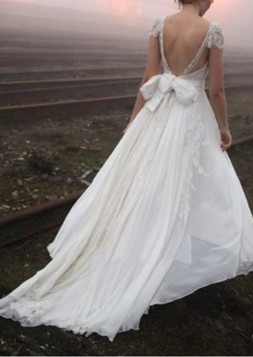 A-line Princess V-neck Floor-length Cap Sleeve Lace Chiffon Wedding Dresses