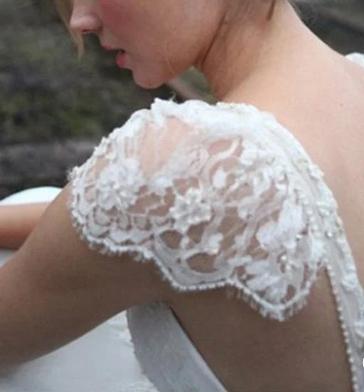 A-line Princess V-neck Floor-length Cap Sleeve Lace Chiffon Wedding Dresses