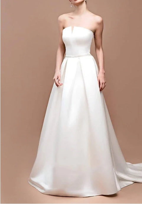 Jewel Strapless Satin Lace Lace-Up Corset Back Wedding Dress