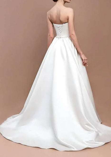 Jewel Strapless Satin Lace Lace-Up Corset Back Wedding Dress