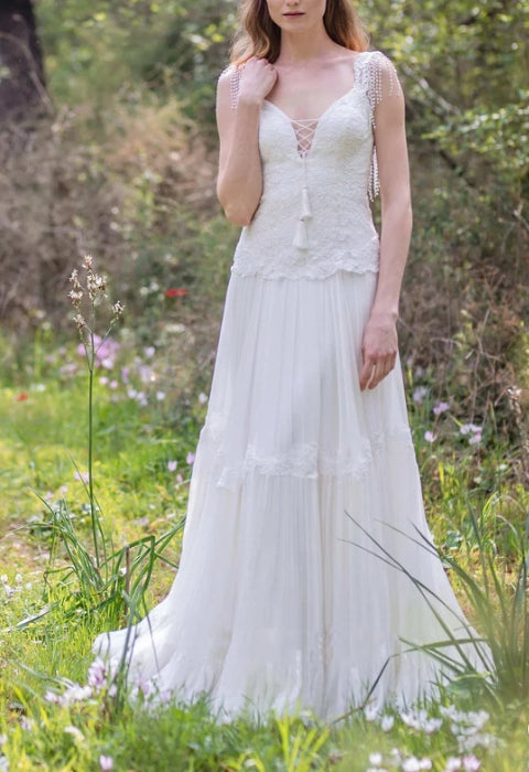 A-Line Pleated Wedding Dress With Appliques And Beading