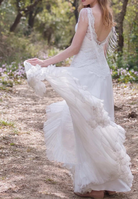 A-Line Pleated Wedding Dress With Appliques And Beading