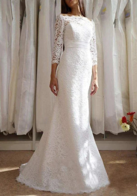 Mermaid Trumpet Long Sleeve Satin Lace Wedding Dress