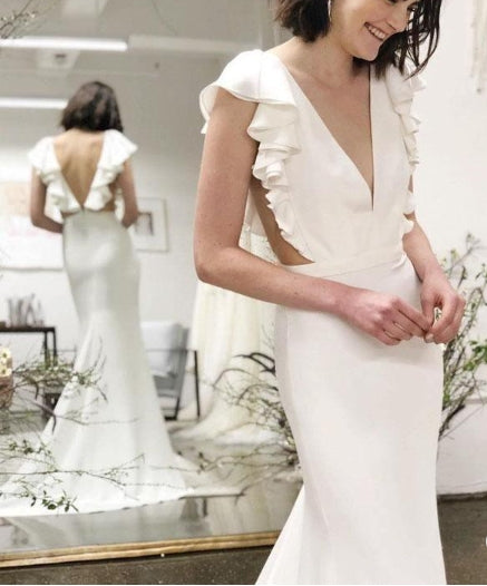 V-Neck Cap Sleeves Backless Wedding Dress with Ruffles